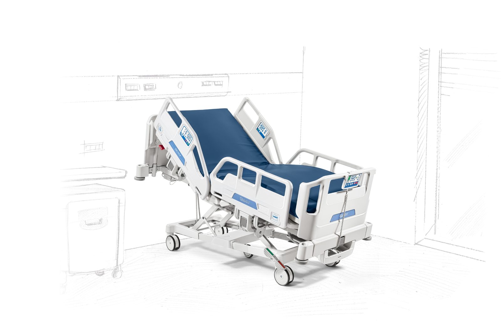 Cabecera de cama hospitalaria con terminal de llamado a enfermería